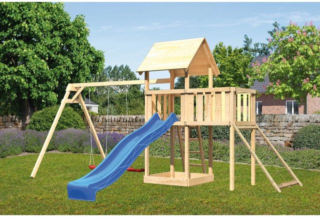 Karibu Spielturm Lotti mit Doppelschaukel, Anbauplattform, Netzrampe und Rutsche in Blau - Bild 1