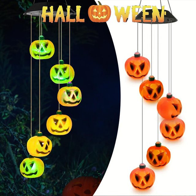 Peach Forest Halloween Solar Windspiel mit 6 farbwechselnden LED Kürbissen, wasserdicht, Schwarz/Mehrfarbig - Bild 1