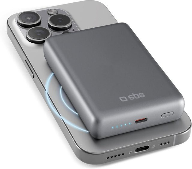 SBS SlimMag Powerbank 10.000 mAh mit MagSafe Kompatibilität in Grau mit USB-C und USB-A Anschlüssen - Bild 1