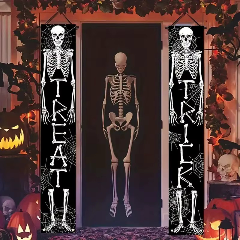 VIKAMA Halloween Türbanner Geisterschädel mit Süßes oder Saures Schriftzug, hängendes Party-Dekor in Schwarz-Weiß, B/H: 30 x 180 cm - Bild 3