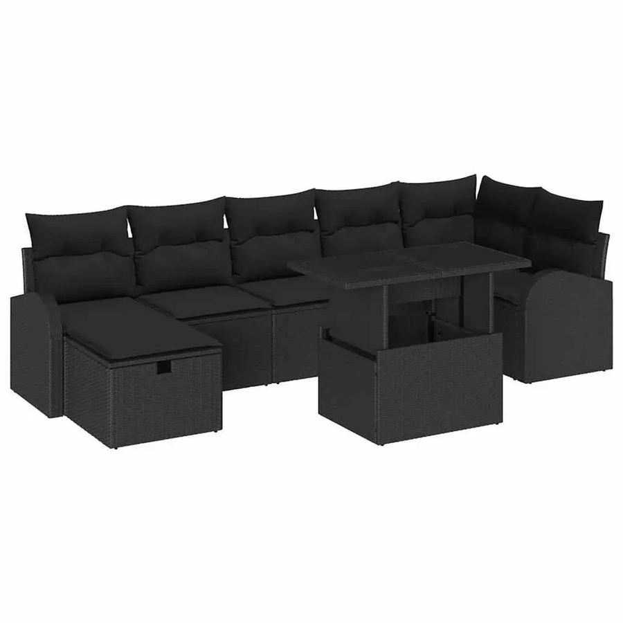 vidaXL Garten-Sofa-Set aus Poly-Rattan in Schwarz, 8-teiliges L-Shape Lounge-Set mit Kissen und Stauraumfunktion - Bild 2