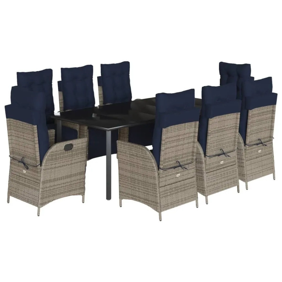 vidaXL 9-teilige Garten-Essgruppe aus Poly Rattan mit Kissen in Grau und Glasplatte - Bild 2