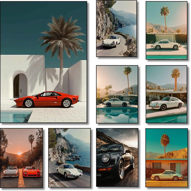 Potdemiel Leinwanddruck Retro Luxus-Sportwagen Küstenstraße Villa Palm Springs Wandkunst Mehrfarbig - Bild 1