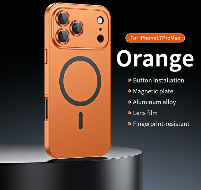 MagSafe kompatible Metall Schutzhülle für Apple iPhone 12 bis 17 Pro Max in Orange mit Aluminiumrahmen und Objektivschutz - Bild 1