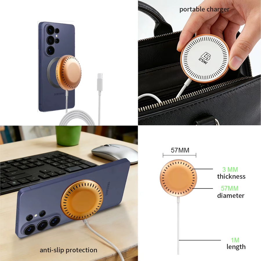Bonola Magnetisches Kabelloses Ladegerät 25W in Orange mit USB-C für Samsung Galaxy S26 Ultra, S25, S24, S23 und S22 Android Smartphones - Bild 3