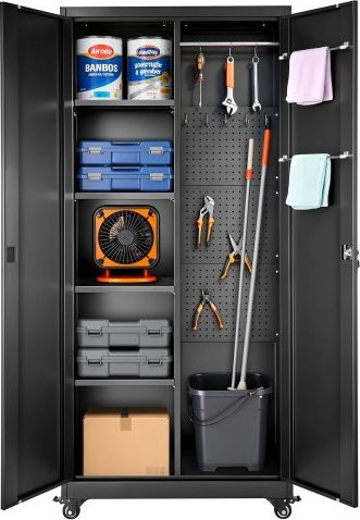 VEVOR Metallschrank Rollbarer Garagenschrank aus Stahl mit 5 Ebenen, verstellbaren Einlegeböden, Kleiderstange und Haken, Schwarz, Höhe: 179,5 cm - Bild 1
