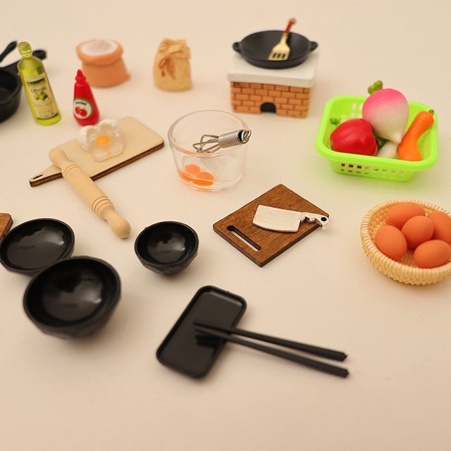 1/12 Miniatur-Küchengeschirr-Set, Modell, Backzubehör, Holz, Bunt - Bild 1