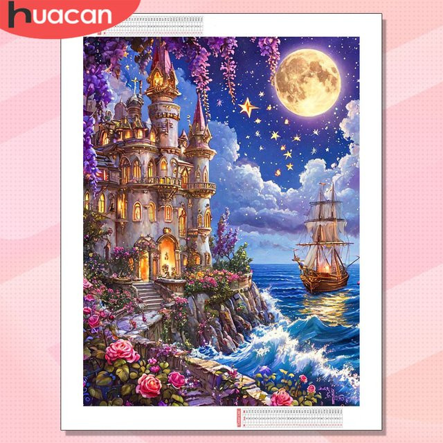HUACAN 5D DIY Diamantmalerei Schloss-Landschaft und Küstenstadt als Diamant-Mosaik Set in Multicolour, B/T/H: 30,0 x 20,0 x 20,0 cm - Bild 1