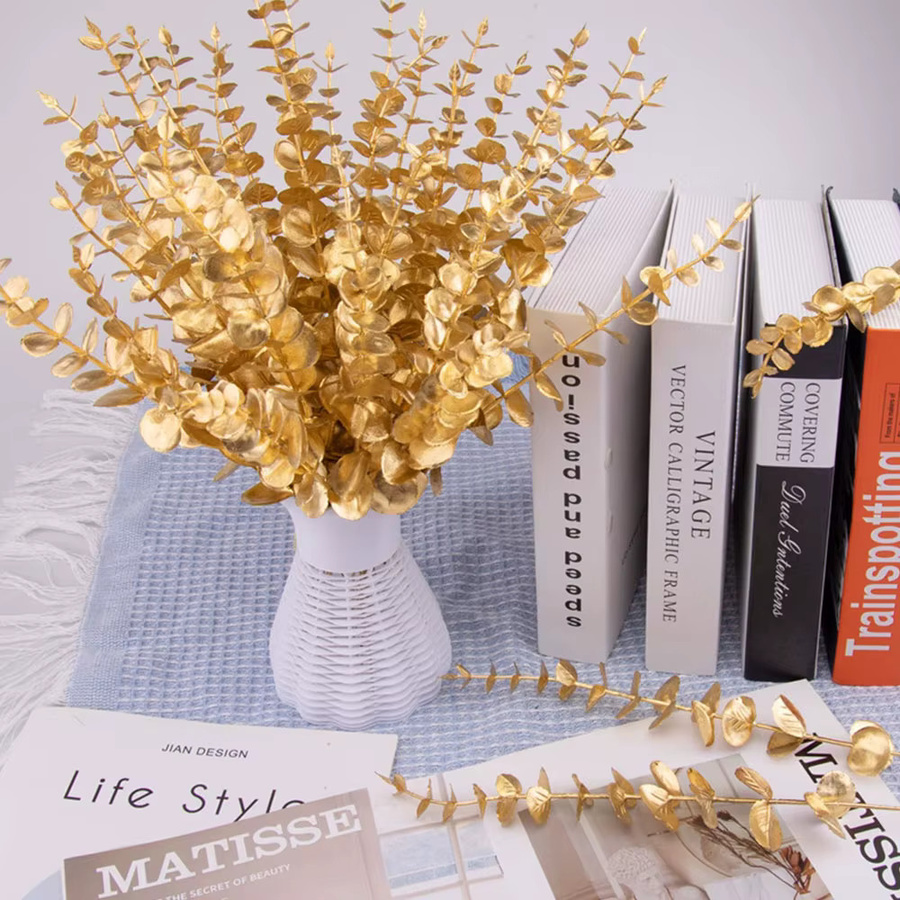 Uflower Künstlicher Eukalyptus-Zweig in Gold und Grün für Hochzeits- und Tischdekorationen - Bild 1
