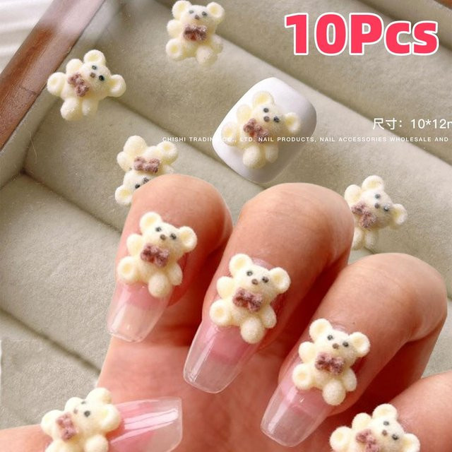HotPress Nagel Charms, Milch Weiß, 3D Plüsch Bär, 10 Stück - Bild 1