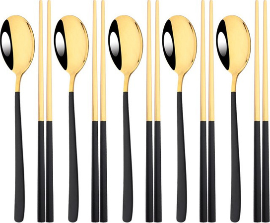 Uniturcky Besteckset aus 304 Edelstahl in Schwarz und Gold, 10-teiliges Set mit Stäbchen, Messern, Gabeln und Löffeln im koreanischen Luxus-Design