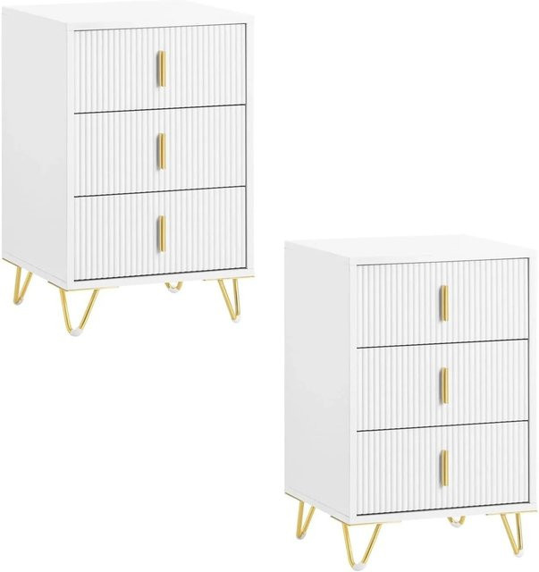 SoBuy 2er Set moderner Nachttisch in Weiß und Gold mit 3 Schubladen, B/T/H: 40 x 40 x 63 cm - Bild 1