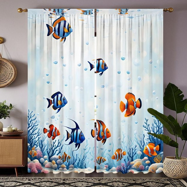 2er-Set dekorative Vorhänge mit blauem Meeresboden Goldfisch und Korallen Motiv, weißes Band, halbtransparent, B: 132 cm, H: 160 cm - Bild 1