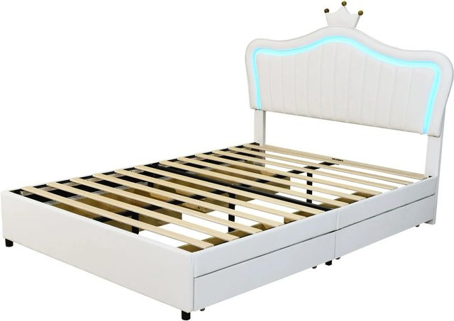 Merax Kinderbett Krone in Weiß mit LED-Unterbettbeleuchtung und Schubladen aus PU-Leder, B/T/H: 140 x 200 x 103,5 cm - Bild 1