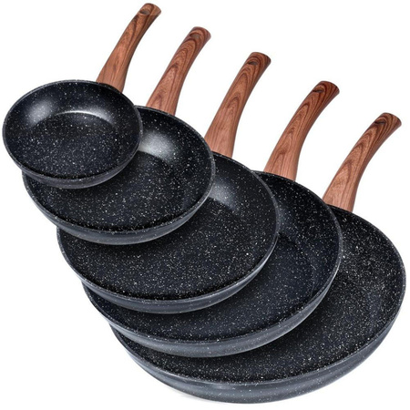 Vilde Pfannen-Set mit 5 Bratpfannen für Induktion, Antihaft-Beschichtung, Schwarz und Holz, Durchmesser: 16 cm, 20 cm, 24 cm, 28 cm, 32 cm