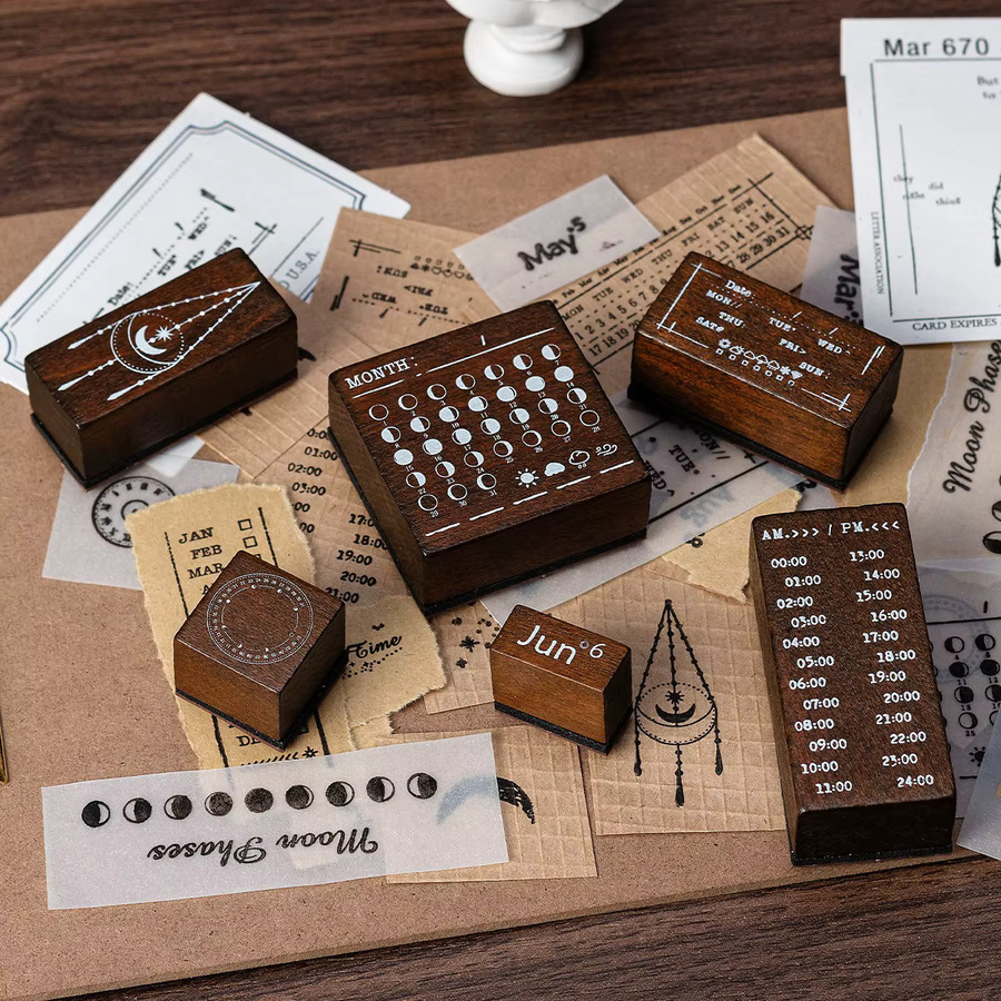 Hobbisland Holz Stempel Set Mond Datum Monat Zeit für Scrapbooking und Junk Journal in Braun - Bild 2