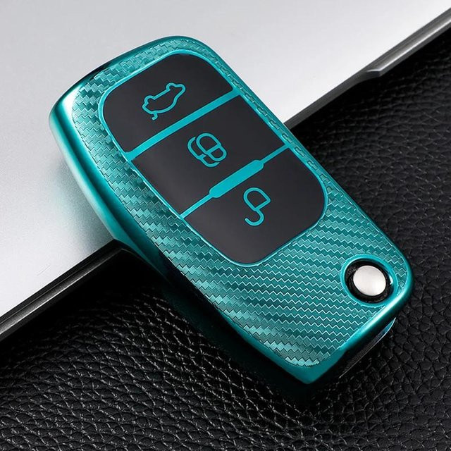 Kohlefaser TPU Autoschlüsselhülle für Ford Focus 2 MK2 Fiesta Mondeo Galaxy Falcon Territory Ecosport in Grün und Türkis - Bild 1