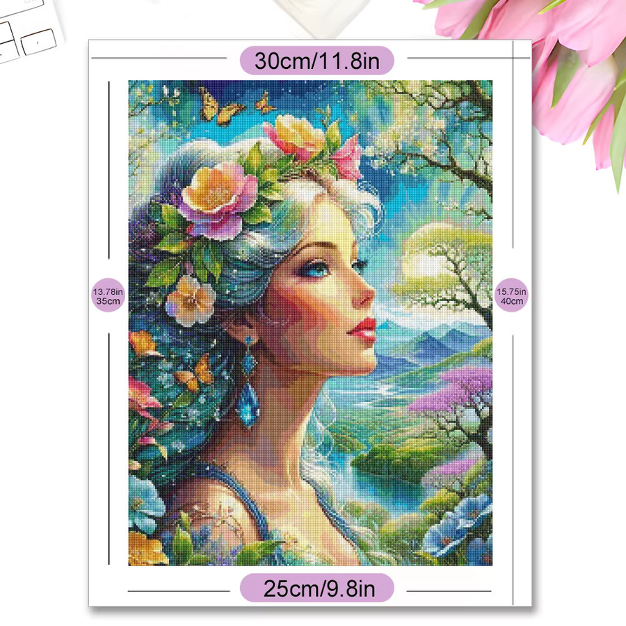 MomoArt Diamantmalerei Porträt einer Frau mit Blumenmotiven, runde Mosaik-Stickerei in Multicolour zur Wanddekoration - Bild 4