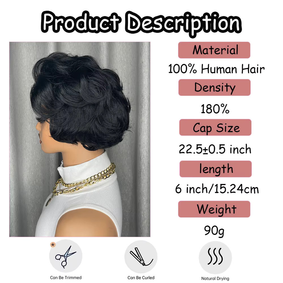 OYM HAIR Pixie-Schnitt-Perücke, kurze lockige Echthaar-Perücke, Damen - Bild 3