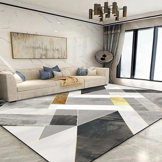 Moderner geometrischer Teppich Karpetti in Gold und Grau, weich und rutschfest, B/T: 160 x 200 cm - Bild 1