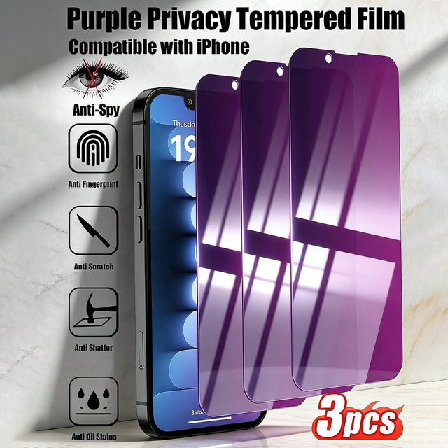 NNBILI 3er-Pack Premium Blickschutz-Displayschutzfolie aus gehärtetem Glas in Lila für iPhone 17 16 15 14 13 12 11 Pro Max, wasserdicht und Anti-Drop - Bild 1