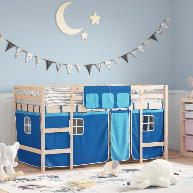 vidaXL Kinderhochbett aus Massivholz Kiefer mit Vorhängen in Blau und Braun, B/T/H: 80 x 200 x 113,5 cm - Bild 3