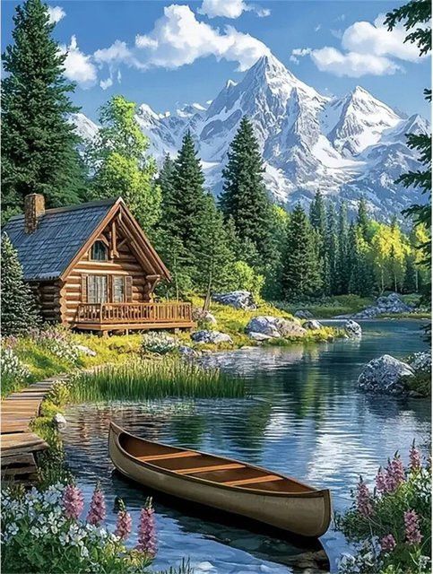 YUTTEE Diamant-Mosaik-Set Schiff in Landschaft mit Fluss und Bergen als DIY-Stickerei zur Wanddekoration, B/H: 30 x 20 cm - Bild 1