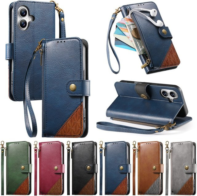 Leder Handyhülle mit Reißverschluss und Handgelenk-Gurt als Brieftasche mit Kartenfächern für Apple iPhone 17 Pro Max 16 Plus 16E 15 14 13 12 in Blau - Bild 1