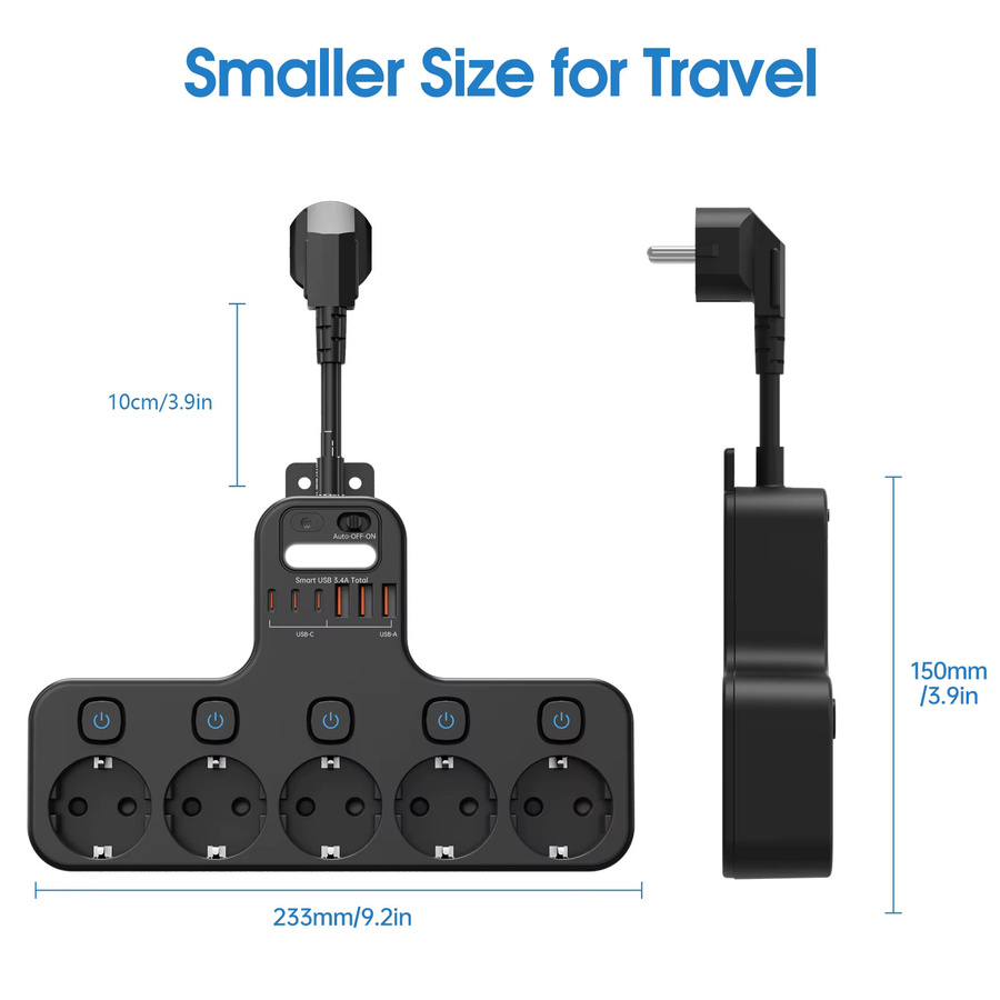 Steckdosenleiste 12 in 1 mit EU-AC-Stecker, Wandmontage, 4000 W, unabhängige Schalter, Sensor-Nachtlicht, 3 USB-C und 3 USB-A Anschlüsse, Schwarz - Bild 5