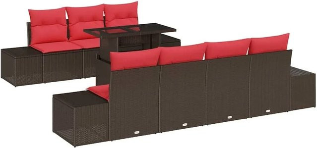 vidaXL Gartenmöbel Set aus Poly-Rattan mit 8 Kissen in Braun und Rot für Terrasse und Garten - Bild 1