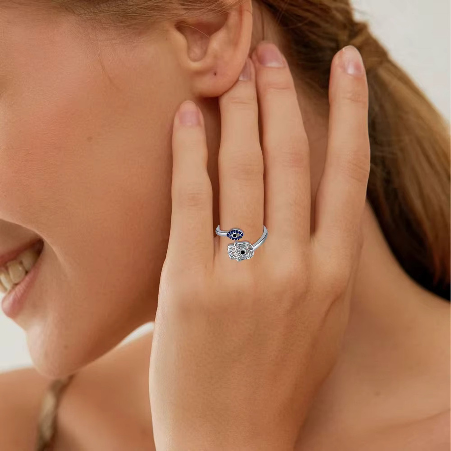 YILUOCD Ring 925 Silber, Zirkonia, Hand der Fatima, Lotus, Böser Blick - Bild 3