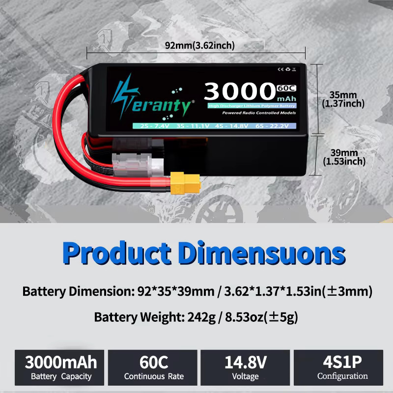 TERANTY 4S 3000mAh Lipo FPV Drohnen-Akku, 14,8V 15,2V 60C 80C, mit T/XT60 Stecker - Bild 2