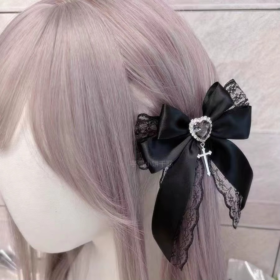 Haarspange Spitze Rand Schleife, Schwarz Rosa, Teufelsflügel - Bild 2