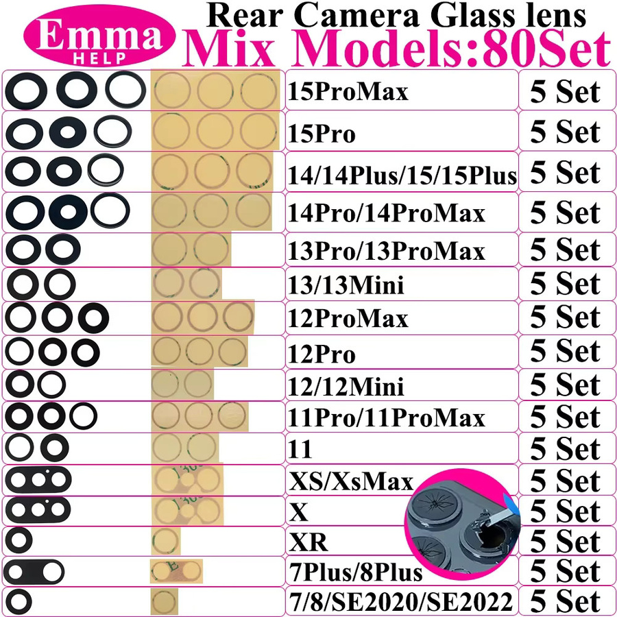 EmmaHelp 50er Set Rückkameraglas für iPhone 14 13 12 11 Pro Max X XS XR 7 8 Plus inklusive 3M-Aufkleber - Bild 4