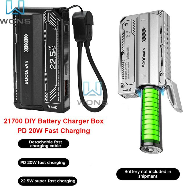 Voktta DIY Powerbank-Gehäuse für 21700 Akkus, 5000 mAh, PD 20 W Schnellladegehäuse mit USB Typ-C, Schwarz - Bild 1