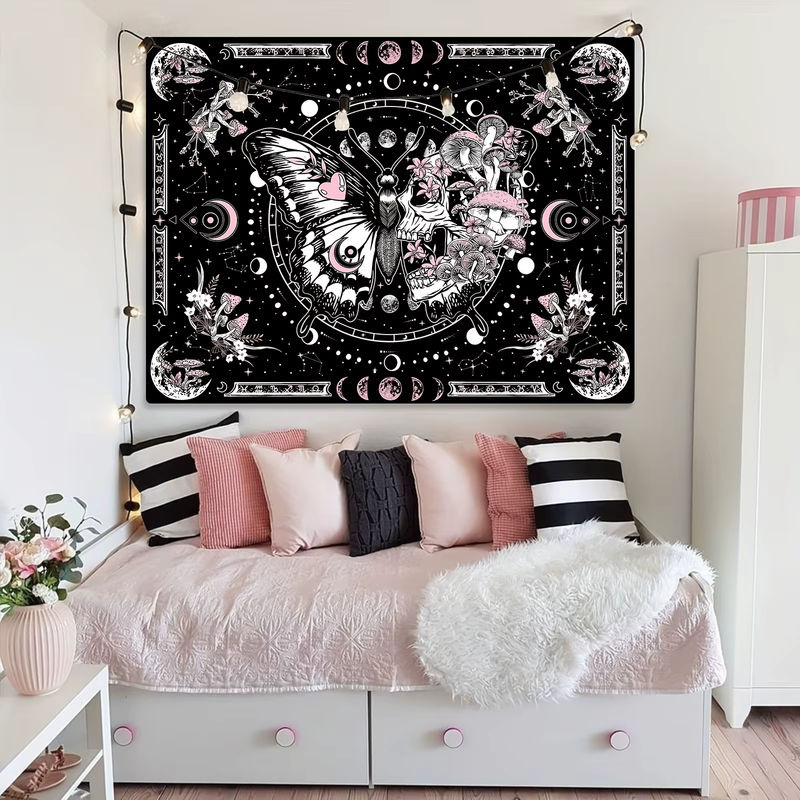 VIKAMA Gothic Bohemian Wandteppich mit rosa Totenköpfen, schwarzen Schmetterlingen und floralen Pilzmotiven in Textil, B/H: 160 x 140 cm - Bild 2