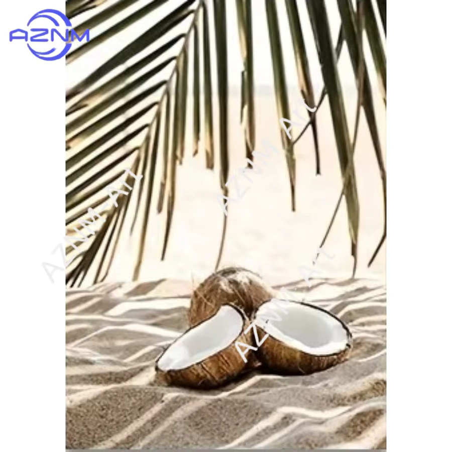 AZNM Rahmenloses Leinwand-Gemälde Seelandschaft mit weißen Wellen, Strand und Palmblättern in Multicolour zur Wanddekoration - Bild 2