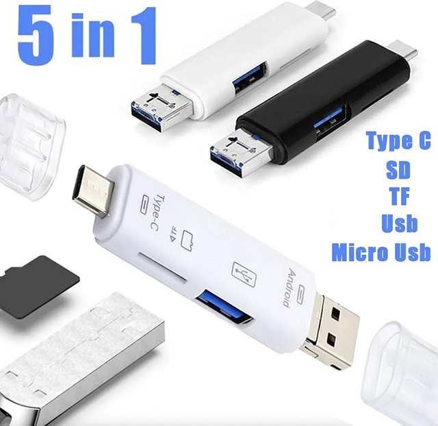 Mrgabwte 5-in-1 USB Hub und OTG Adapter in Schwarz mit USB-C, Micro-USB sowie SD und TF Kartenleser - Bild 1