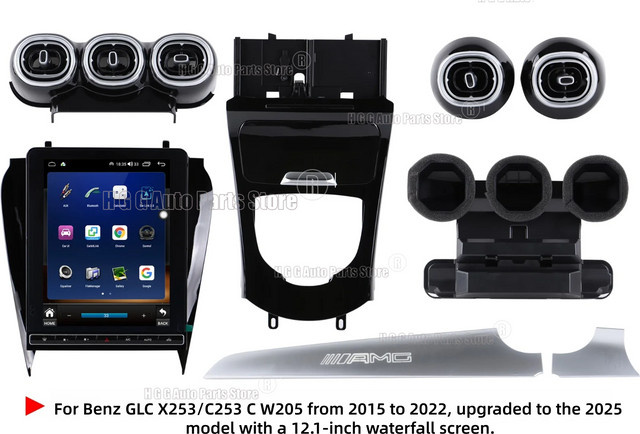 YANFU Android Auto und CarPlay Autoradio mit 12,1 Zoll Display und GPS Navigation für Mercedes Benz GLC X253/C253 C W205, Schwarz - Bild 1