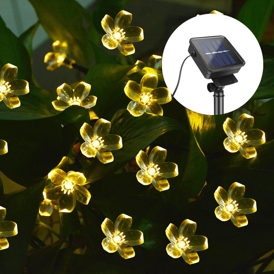 MALITAI Solar-Lichterkette mit 50 LEDs in Pfirsichblumen-Optik, warmweiß, 7 m Länge, wasserdichte LED-Außendekoration für Garten, Hochzeit und Party - Bild 2