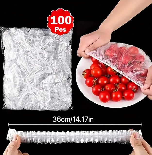 ZAAKIVEN 100 Stück Einweg-Frischhaltebeutel aus Kunststoff, elastische Lebensmittelabdeckungen in Transparent, ideal zur Aufbewahrung von Obst und Lebensmitteln - Bild 1