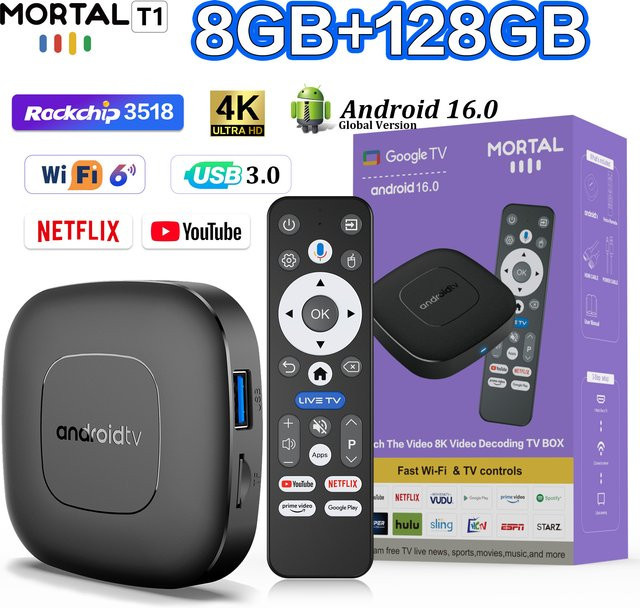 LVMAO Smart TV Box Android 16.0 mit Rockchip RK3518, 8GB RAM, 128GB Speicher, 8K HDR, Wifi6 und Bluetooth 5.4, Schwarz - Bild 1