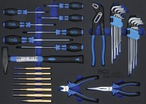 BGS Werkstattwageneinlage 3/3 mit 36-teiligem Hammer-, Zangen- und Schraubendreher-Set aus Chrom-Vanadium-Stahl in Schwarz und Blau - Bild 1