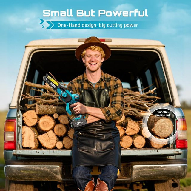 Seesii Akku-Kettensäge mit bürstenlosem Motor für Gartenpflege und Holzbearbeitung inklusive 2x 4000mAh Akkus und werkzeugloser Schmierung - Bild 1