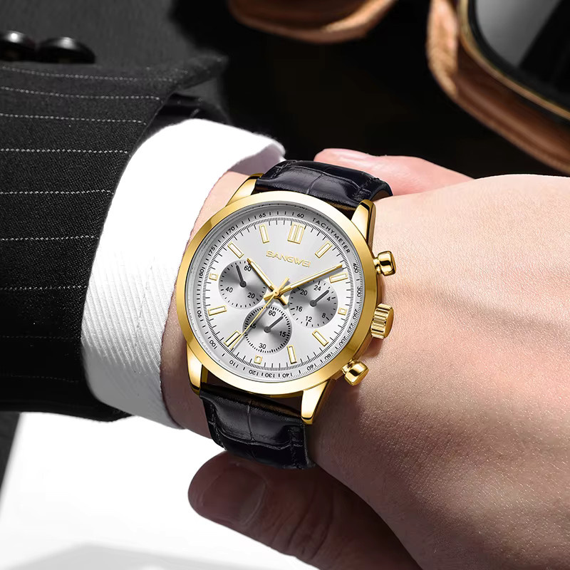 BANGWEI Armbanduhr, Quarz, Leder, Schwarz, Gold, Herren - Bild 5