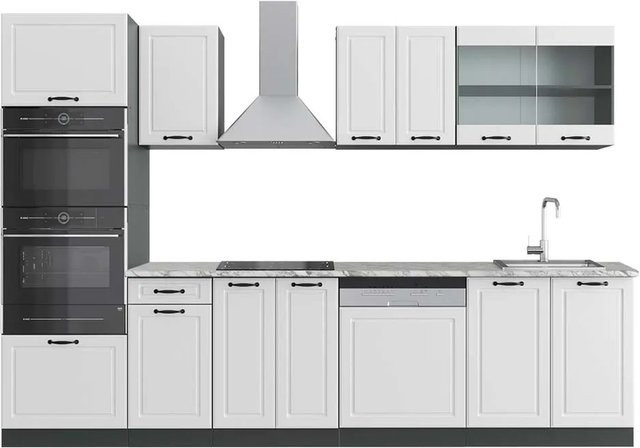 Vicco R-Line Küchenzeile Landhaus Weiß Strukturiert und Anthrazit mit Hochschrank und Marmor Arbeitsplatte, Breite: 300 cm - Bild 1