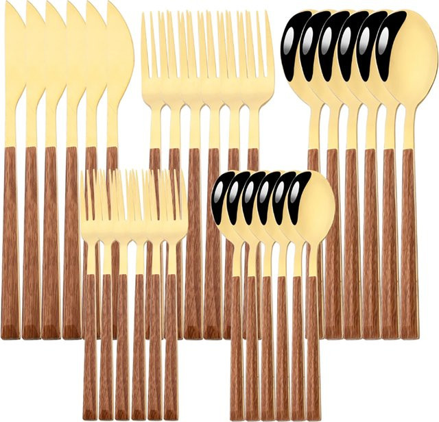Zoseil Besteckset aus Edelstahl mit Holzgriff-Optik in Silber oder Gold, Set bestehend aus Messer, Gabel und Löffel - Bild 1