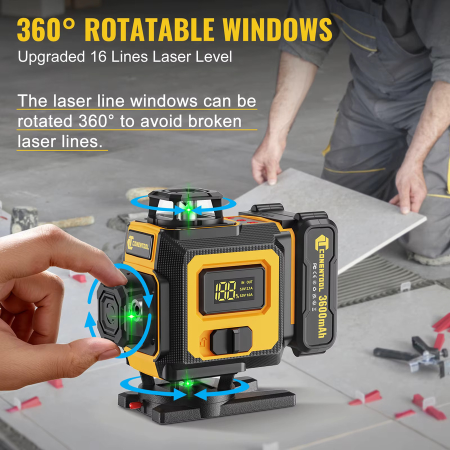 CONENTOOL Laser Level mit Stativ, multifunktionales 4D 16 Kreuzlinien Gerät mit 360 Grad Rotationsfenster, selbstnivellierend, Gelb, inklusive 2 Akkus und Ladegerät - Bild 3