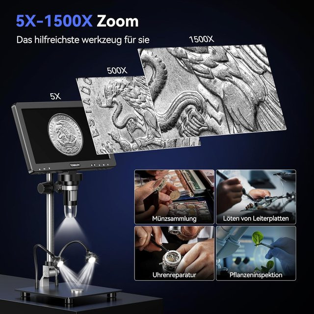 TOMLOV Professionelles digitales Elektronikmikroskop DM9 Max mit 10,1 Zoll HD IPS LCD-Bildschirm, 1500X Vergrößerung und 20MP, HDMI Anschluss, Schwarz - Bild 1