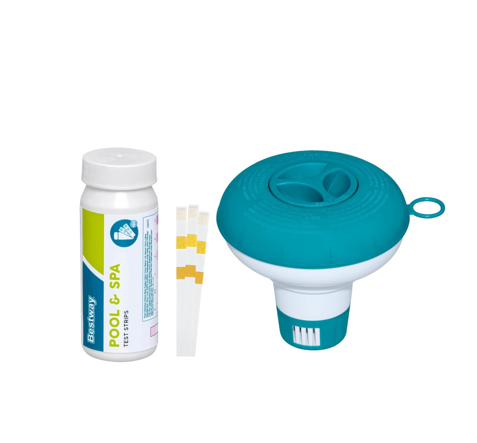 Bestway Poolpflege Starter Set mit Dosierschwimmer Mini Durchmesser: 12,5 cm und 50 Teststreifen zur Messung von Chlor, pH-Wert und Gesamtalkalität - Bild 1